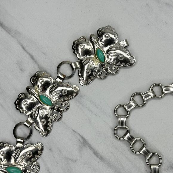 Silver Tone Butterfly Concho Faux Turquoise Chain Belt Extra Small/Small XS/S ✨ main image 8